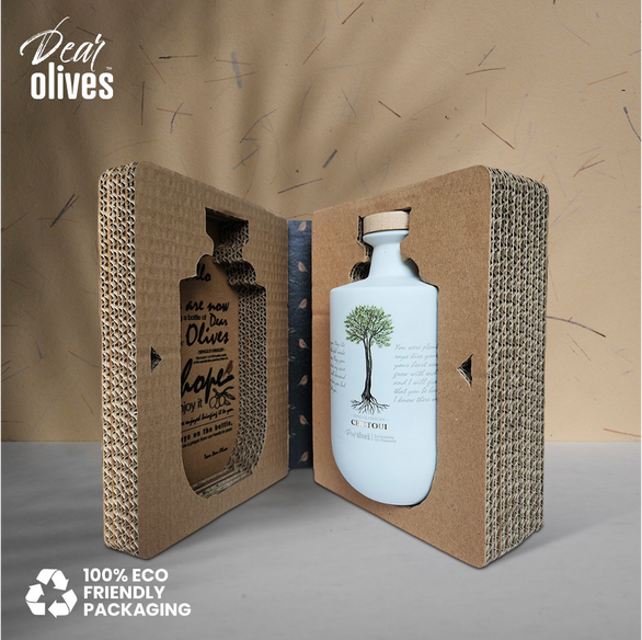 A image showing Dear Olives Chetoui Bottle, with its sustainable packaging, gift box, luxury gift. Sustainable Gift. Best olive oil gift. Dear Goodness is a Premium Artisan Mill. Manufacturer, Supplier and Exporter of Premium olive oil.