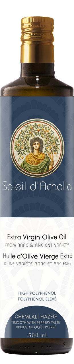Soleil d'Acholla. A premium Olive Oil from rare and ancient variety. Acholla is a Roman-Berber ancient city. It was a vibrant melting point of Phoenician and roman cultures, offering one of the best olive tree cultivation techniques. Chemlali Hazeg